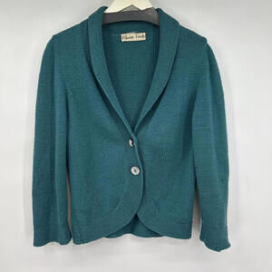 Women's Marion Foale 100% Wool Handknit Cardigan Teal Sweater Medium